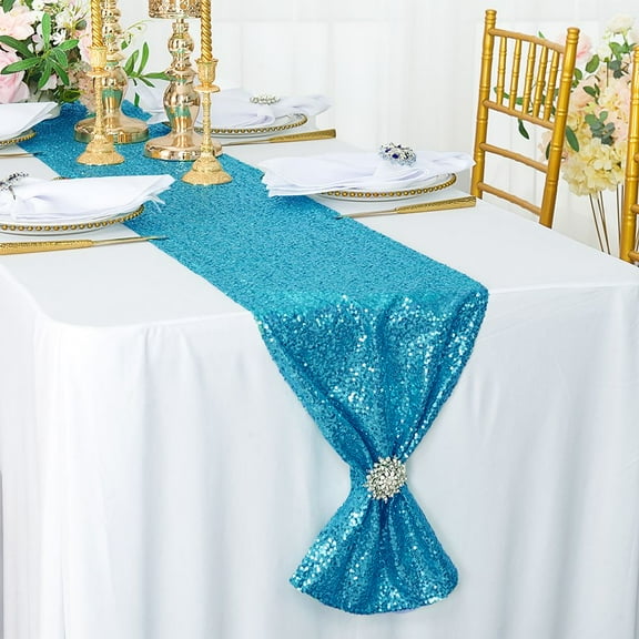 Wedding Linens Inc. 12"x108" Sequin Taffeta Table Runner for Wedding, Luxury Events, Party use - Turquoise