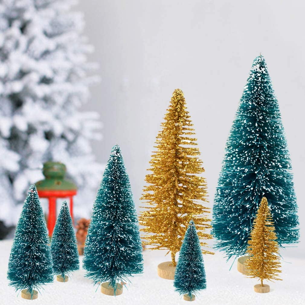 Yirtree 34/40/55/56PCS Mini Pine Trees Frosted Sisal Trees with Wood Base  Bottle Brush Trees Plastic Winter Snow Ornaments Tabletop Trees for
