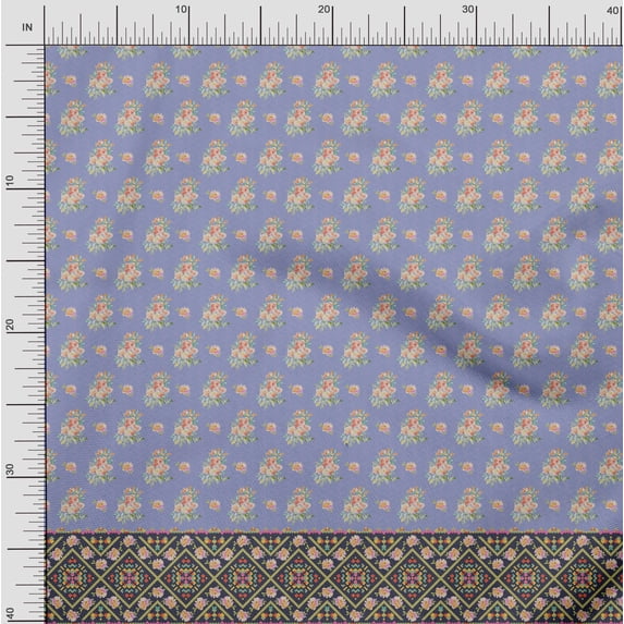 Soimoi Blue Poly Georgette Fabric Geometric & Peach Floral Panel Printed Fabric 1 Yard 42 Inch Wide