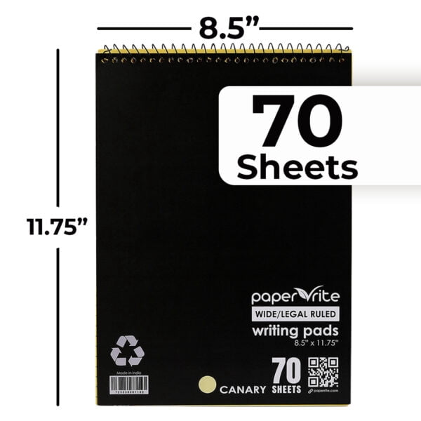 Paper Rite Canary Writing Pads Top Spiral Bound | 70 Sheets, 11.75 x 8.5 Inches | Pack of 12