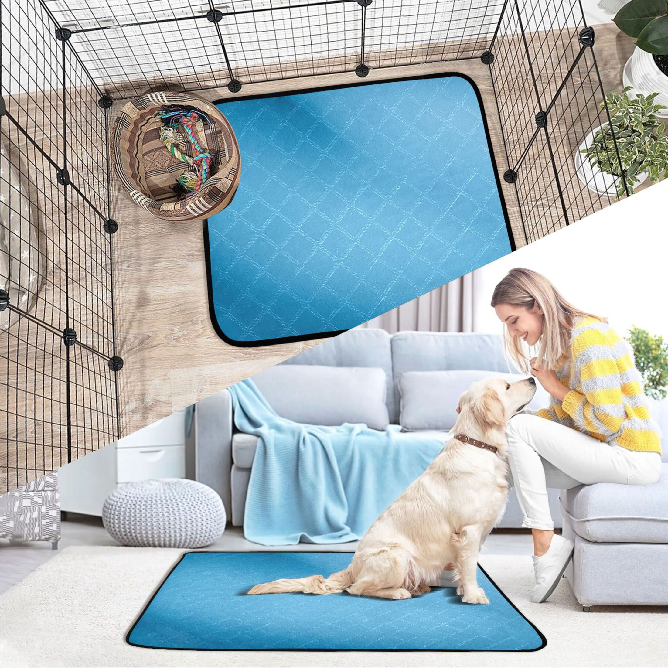 IAUYY Washable Pee Pads for Dogs Medium+Large Absorbent and Leak-Proof Non-Slip Reusable Puppy Pee Pads for Dogs Applicable to Playpen Potty Crate Blue Tile Layout Photography