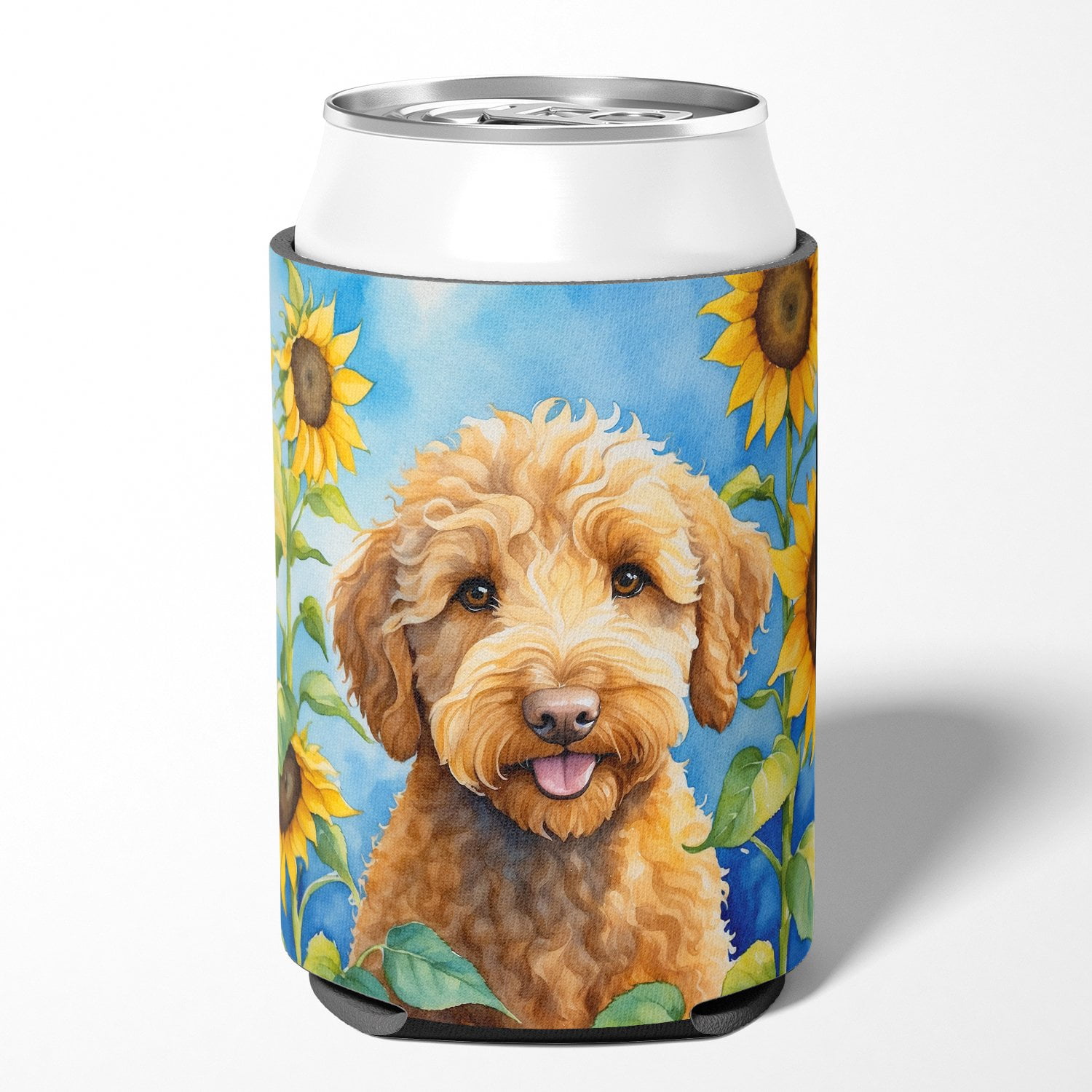Labradoodle in Sunflowers Can or Bottle Hugger 3 in x 5 in