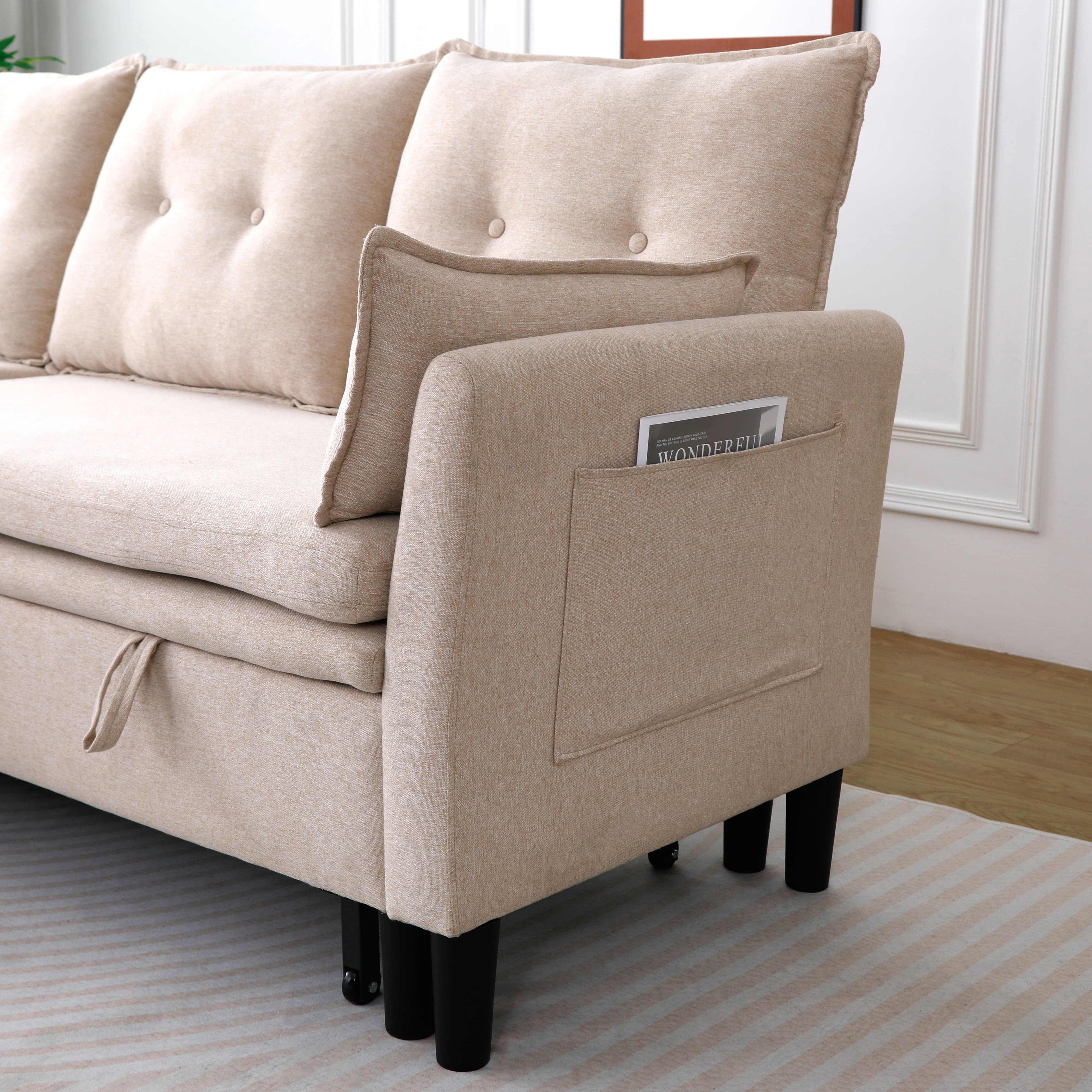 MAYEERTY L-Shaped Reversible Chaise Sectional Sofa Linen Sofa Bed with Storage, for Apartment, Beige