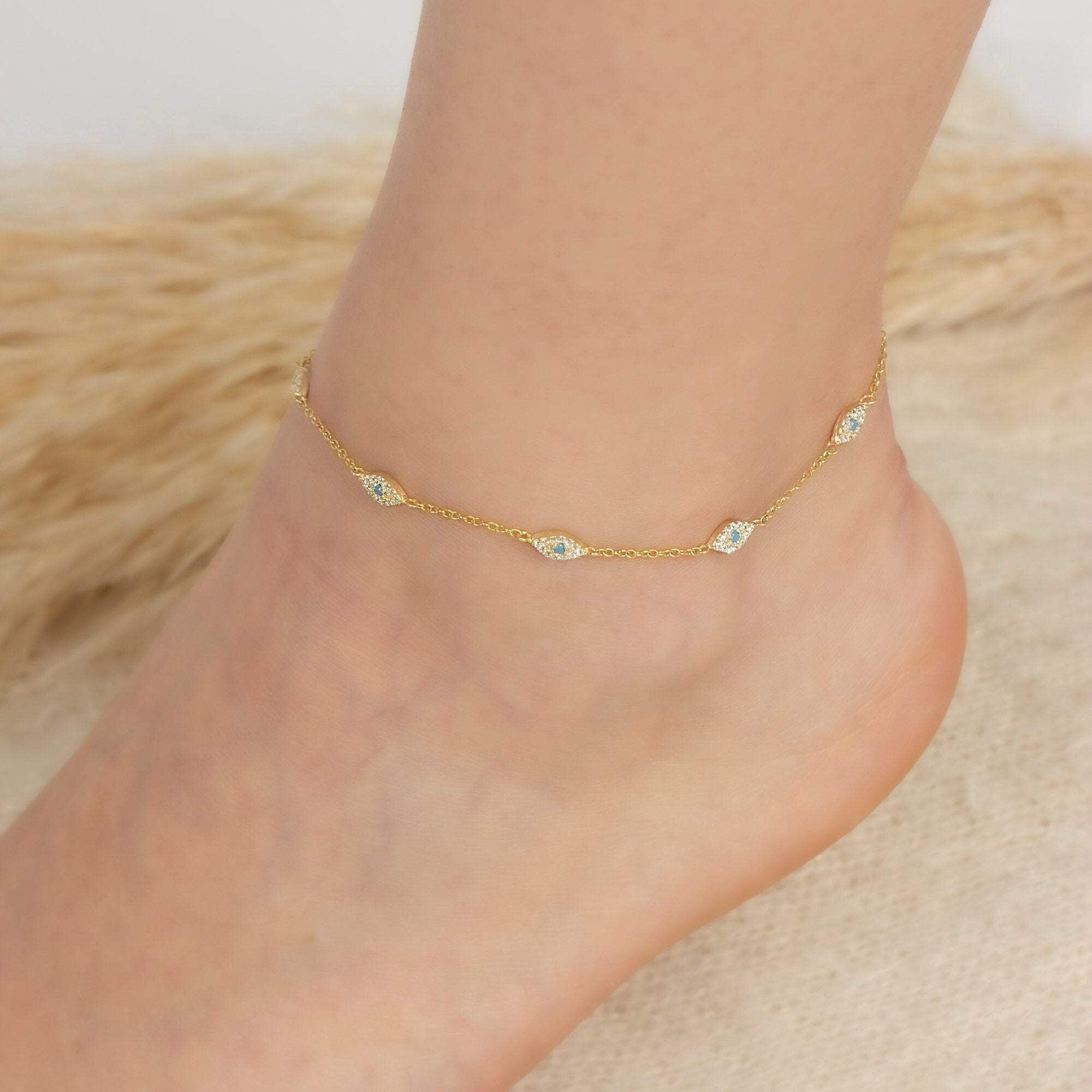 Gold Plated Cable Chain Evil Eye Silver Anklet