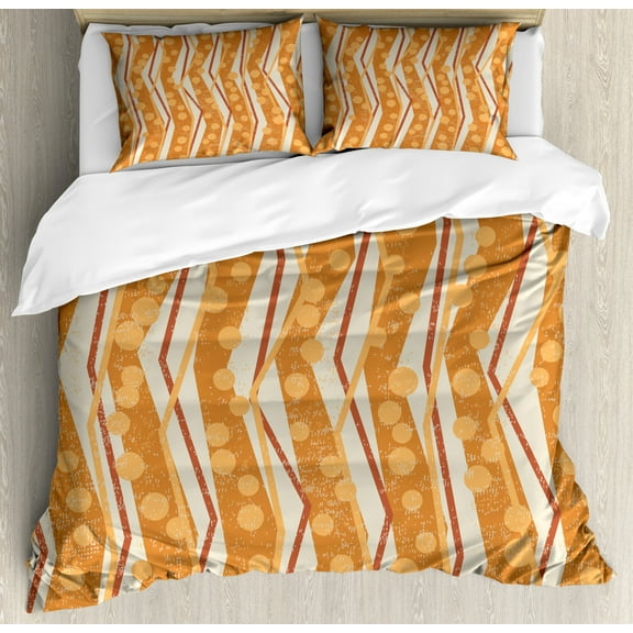 Burnt Orange Queen Size Duvet Cover Set, Chevron Zigzags Pattern with Stripe and Dots Geometrical, Decorative 3 Piece Bedding Set with 2 Pillow Shams, Burnt Orange Apricot Off White, by Ambesonne