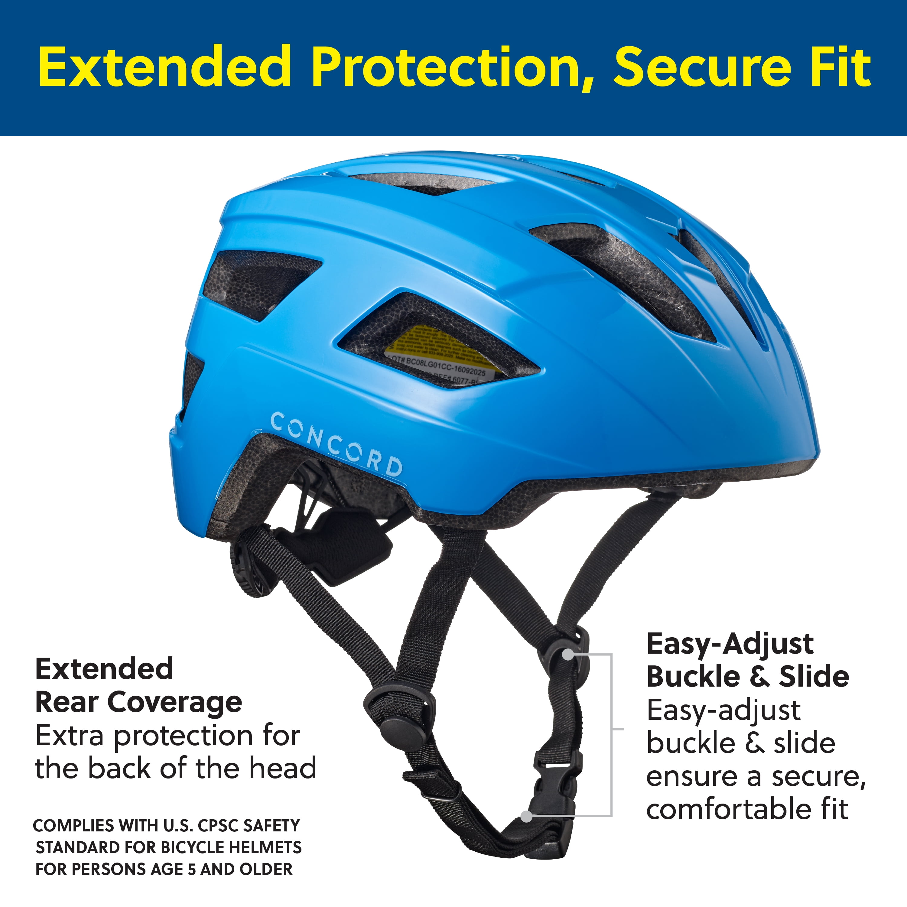 Concord Kids Bike Helmet, Blue, Size S, Ages 5+, Adjustable Fit, 15 Vents