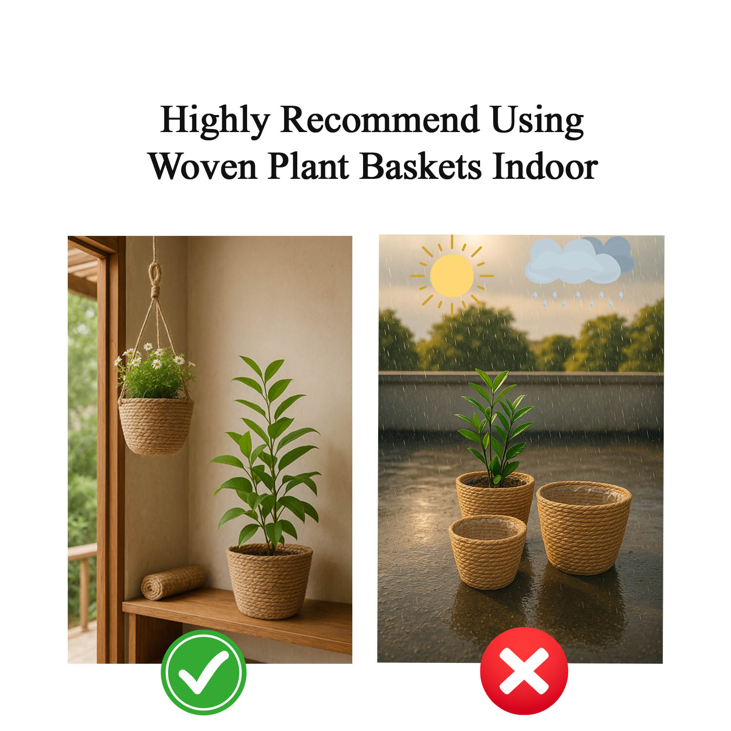Laquedecraft Woven Seagrass Plant Basket, Decorative Planter for Small Space Living, Natural Home Styling, Living Room, Balcony, Kitchen, Gadren (Set of 3)