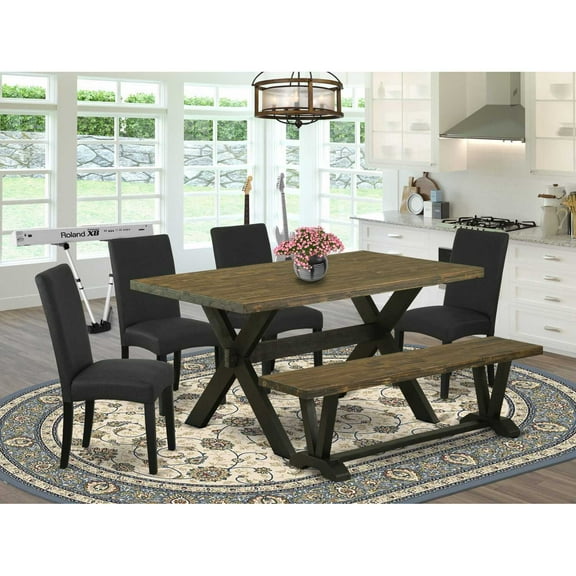 East West Furniture X676DR124-6 6-Piece Dining Table Set- 4 Kitchen Chairs with Black Linen Fabric Seat and Stylish Chair Back - Rectangular Top & Wooden Cross Legs Wood Kitchen Table and Wood...