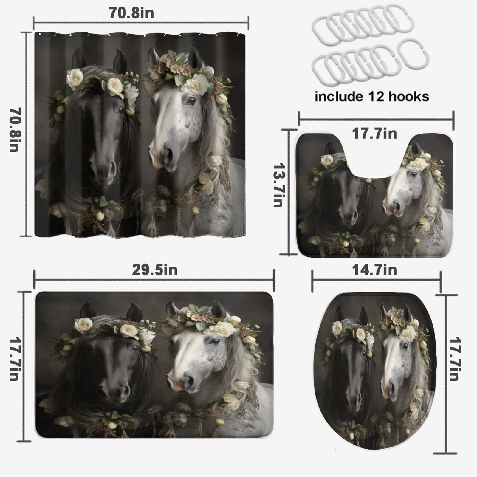 Black White Horses Shower Curtain Sets with Non-Slip Rug Rustic Wildlife Animal Floral Bathroom Sets Decor Accessories with Non-Slip Rug Toilet Lid Cover Bath Mat and 12 Hooks, 72x72 Inch