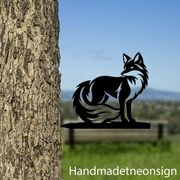 Handmadetneonsign Fox On Branch Metal Tree Stake, Fox Garden Tree Stake, Fox Animal Metal Tree Art 68511