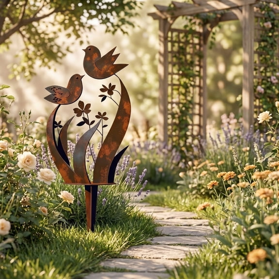 Bird and Wildflower Metal Garden Stake, 36 in Distressed Iron Avian, Farmhouse Decor, Backyard Border, Container Planting, Rust Finish, 1 Pc
