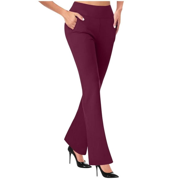 ZVAVZ Women's High Waist Pants,Women Solid Color Pull Flare Slacks Stretchy Straight Leg Trousers Plus Size for Office Work Business Flash Sale Wine M
