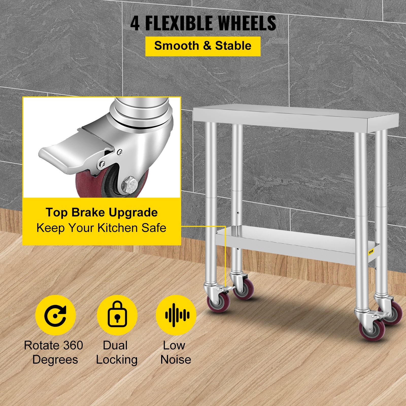VEVORbrand 30 x 12 x 34 Inches Stainless Steel Work Table 3-Stage Adjustable Shelf with 4 Wheels Heavy Duty Commercial Food Prep Work Table with Brake for Kitchen