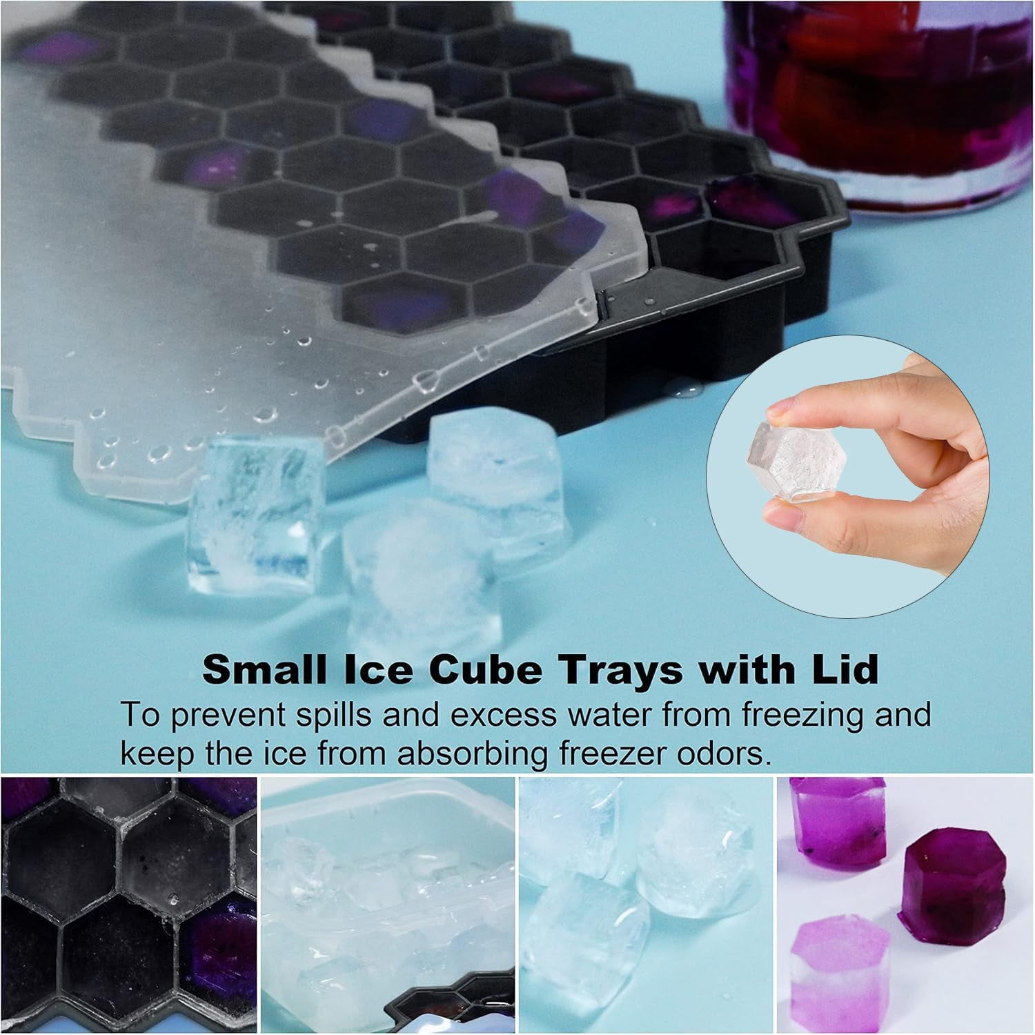 Ice Cube Trays for Freezer with Lid-Silicone Ice Cube Tray with Lid Ice Maker 4 Pack Black,Easy-Release Reusable Ice Cube Coffee Scoop for Coffee Bar Accessories