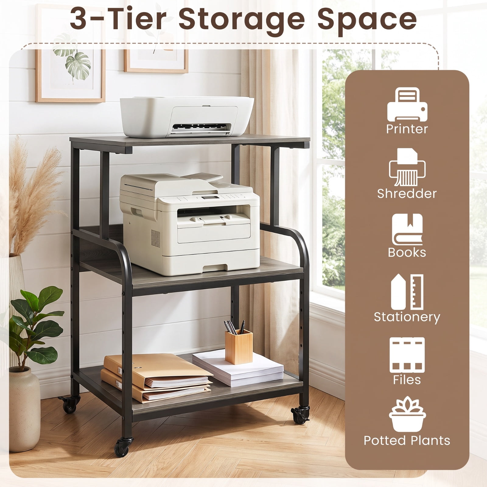 Furnibear 3-Tier Rolling Printer Stand with Adjustable Shelf and Lockable Wheels for Home Office Printer Machine Under Desk Storage, Oak