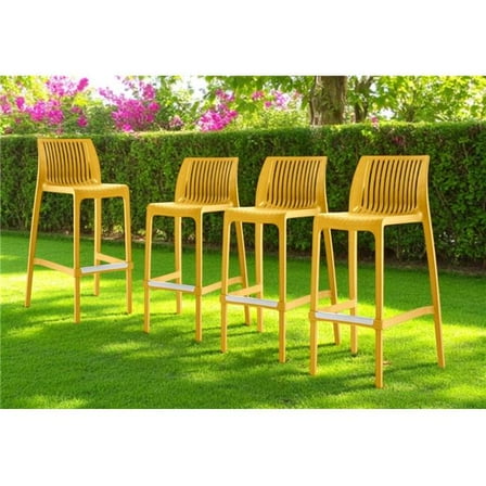 HomeRoots 565355 30 in. Yellow Heavy Duty Plastic Outdoor Bar Height Chairs - Set of 4
