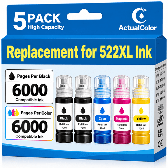 ACTUALCOLOR C Ink Refill Replacement for Epson 522 Ink Bottle for EcoTank ET-2803 2720 4700 2800 4800 Printer, 5 Pack