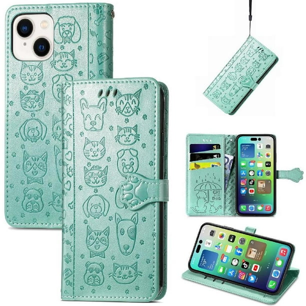 Funda Cartera FOXDOCK para iPhone 14 , Flip PU con Relieve de Gatos y Perros, Tarjetero y Soporte