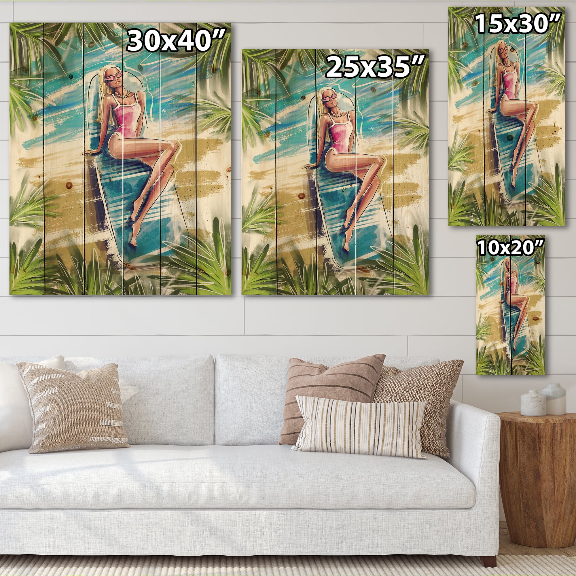 Designart 'Portrait Beautiful Blond Model At The Beach Sunbathing' Nautical & Coastal Print on Natural Pine Wood