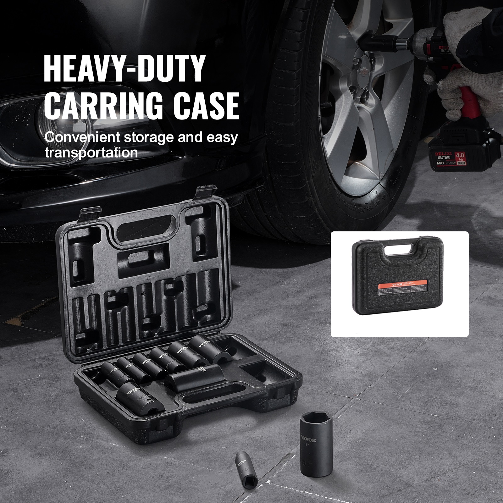 VEVOR 3/8" Drive Impact Socket Set, 11 Piece Deep Socket Set SAE 5/16"-1", 6 Point CR-V Alloy Steel for Auto Repair, Easy-to-Read Size Markings, Rugged Construction, Includes Storage Case