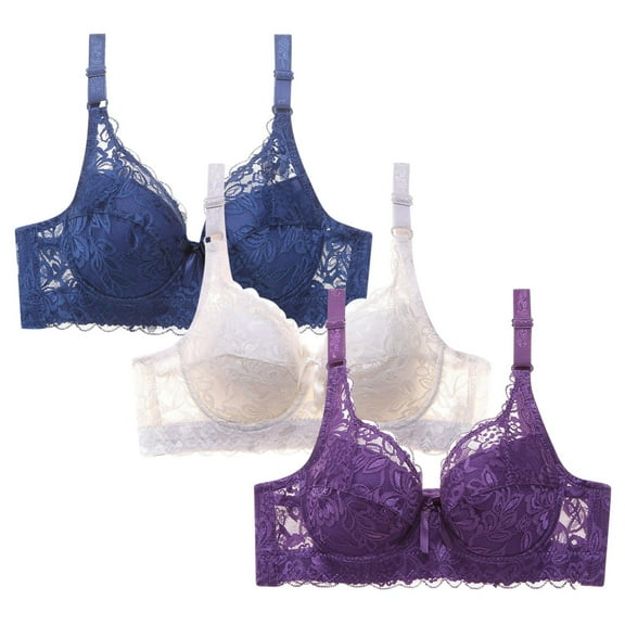 Tao Tao 3pc Push Up Bras for Women Plus Size Floral Lace Underwire Soft Cup Everyday Bra Blue 36C