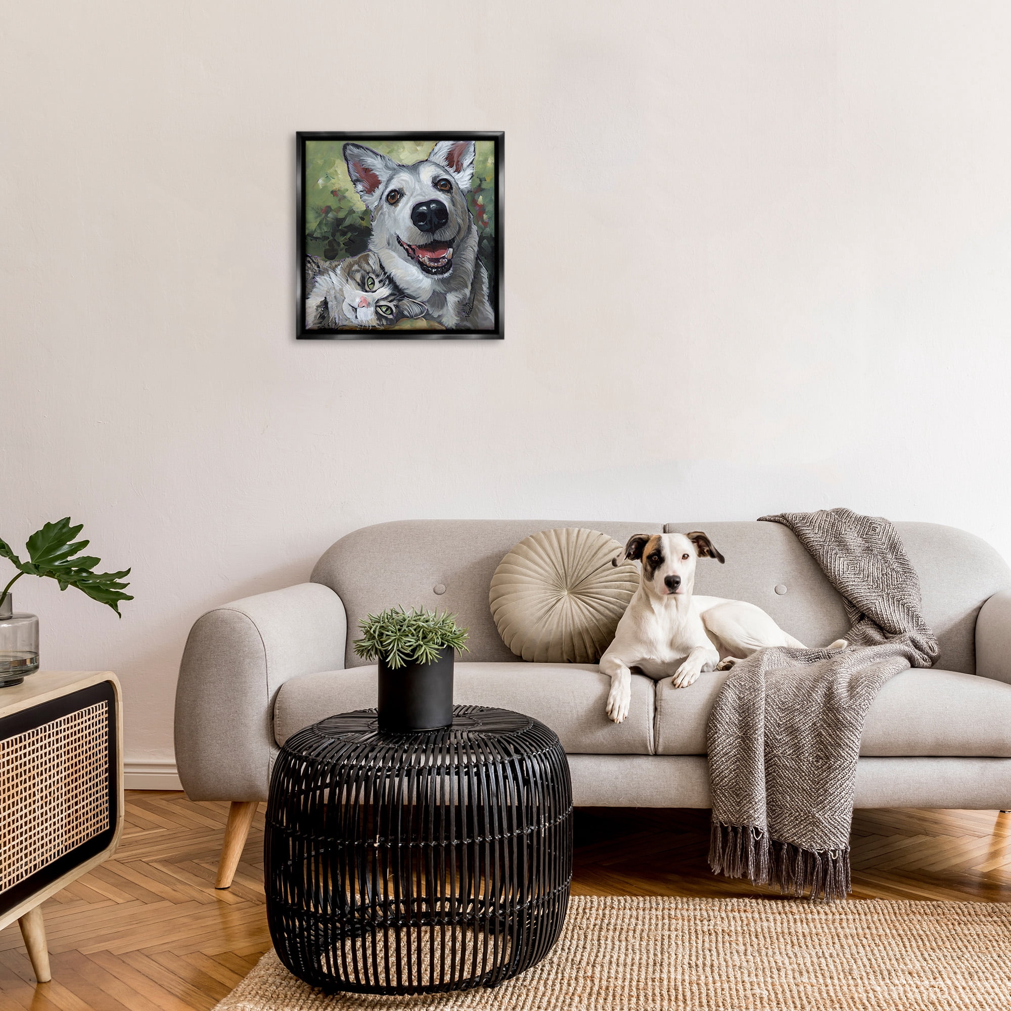 Stupell Industries Dog & Cat Friendship Animals & Insects Painting Black Floater Framed Canvas Art Print Wall Art, 25 x 25