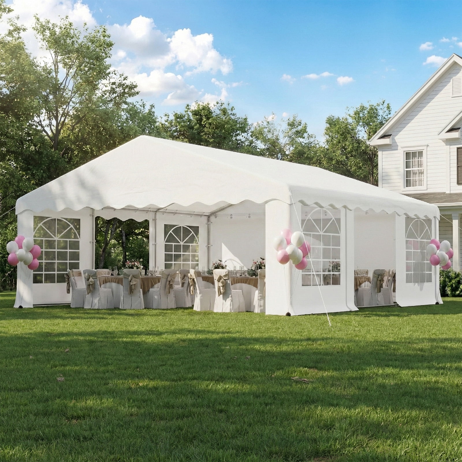 Erommy 20x20FT Heavy Duty Party Tent, Outdoor Wedding Canopy with 8 Removable Sidewalls, 2 Roll up Doors for Large Events,White