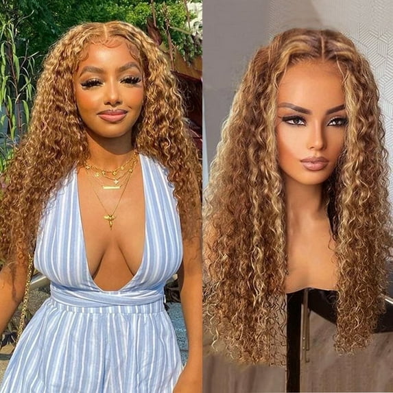 Grace Length Highlight Deep Wave Ombre 4/27 Wigs 13x1 T Part Lace Front Wigs Human Hair for Women Brazilian Deep Wave Lace Frontal Wigs 180% Density 22 inch