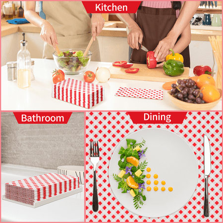 DYLIVeS 80 Count Gingham Disposable Paper Dinner Red Buffalo plaid Napkins Disposable Towels 3 Ply Guest Napkins Red and White Checkered Napkins