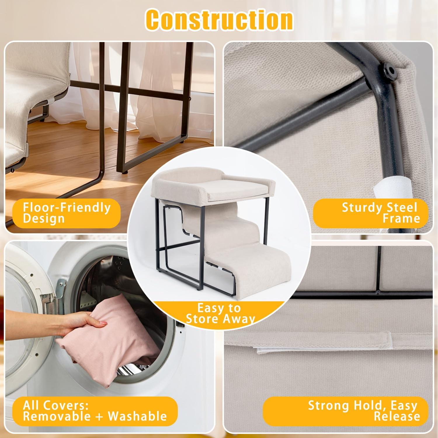 Dog Window Perch with Stairs, Pet Stairs Ramp with Seat, Dog Perch to Look Out Window with Ramp, Lounge Elevated Dogs Bed, Small Pet Step, Multi-Level Platform with Foam Upholstery