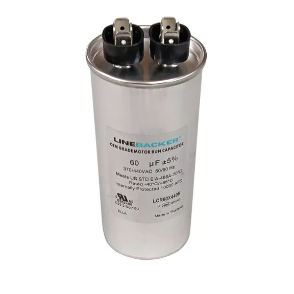 Linebacker Motor Run Round Capacitor, 60 Mfd., 370/440 Volt, LCR60X440R