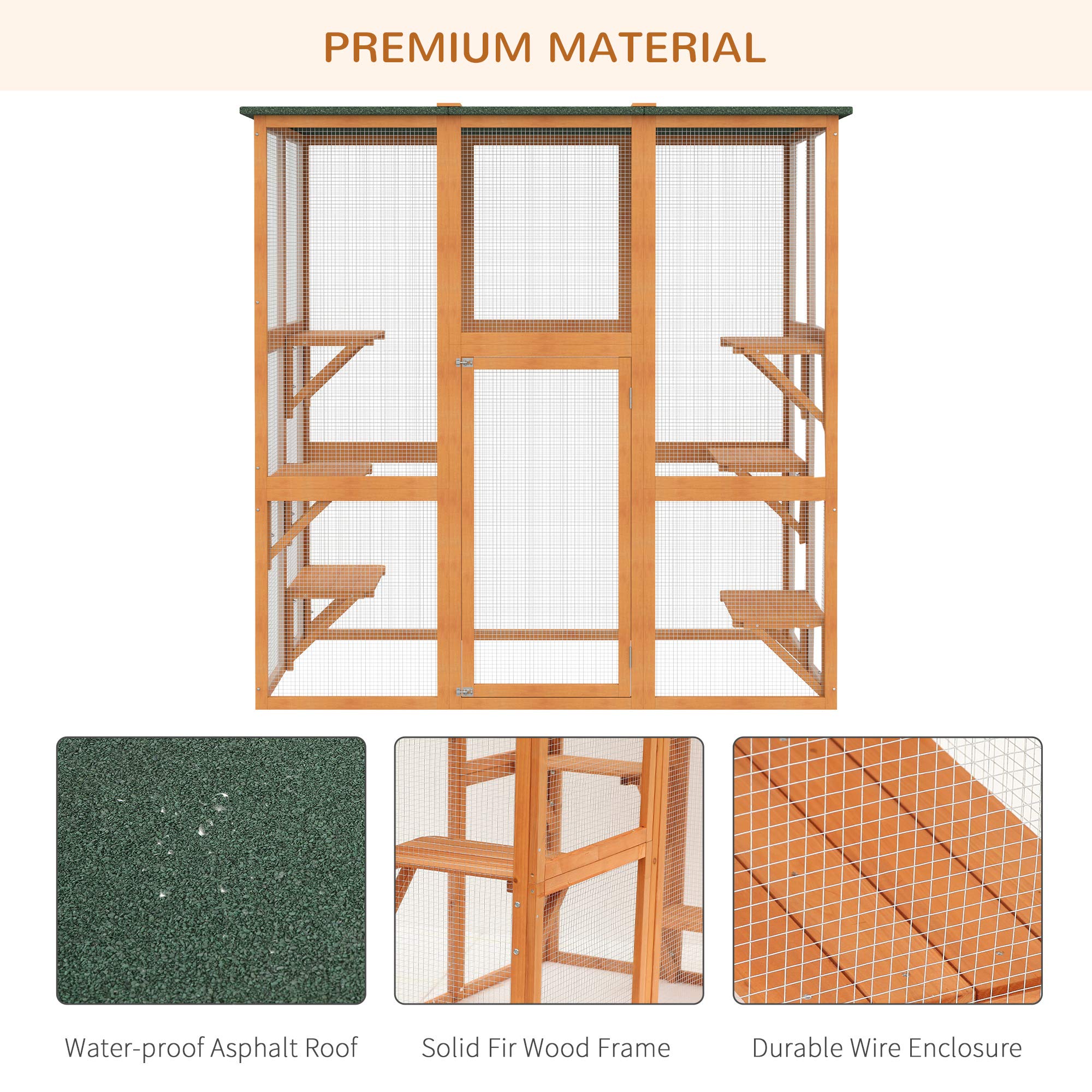 Wooden Outdoor Cat House Large Catio Enclosure for Multiple Cats, Spacious Interior with 6 High Ledges, Weatherproof Asphalt Roof, Durable Fir Wood Construction, 71 Inch Length, Orange