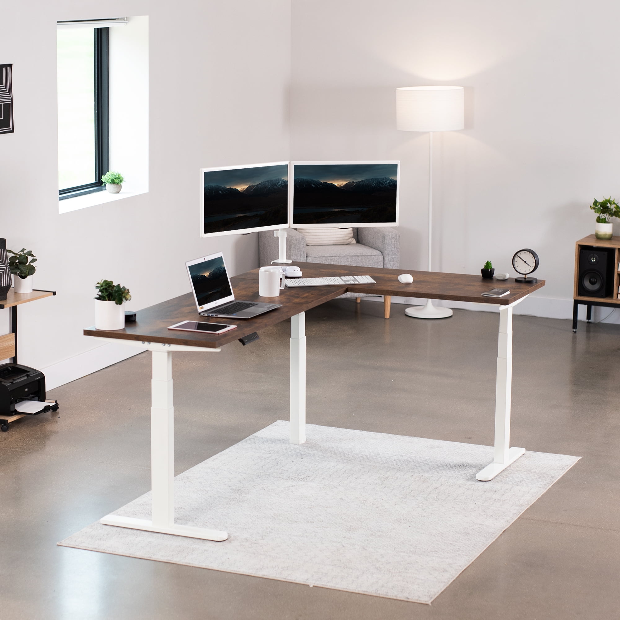 VIVO White Electric Motor Height Adjustable Corner 3 Leg Standing Desk Frame