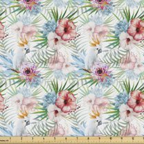 Floral Sofa Upholstery Fabric by the Yard, Tropical Composition of Exotic Parrots Flowers and Leaves Hawaiian Summer, Decorative Fabric for DIY and Home Accents, White and Multicolor by Ambesonne
