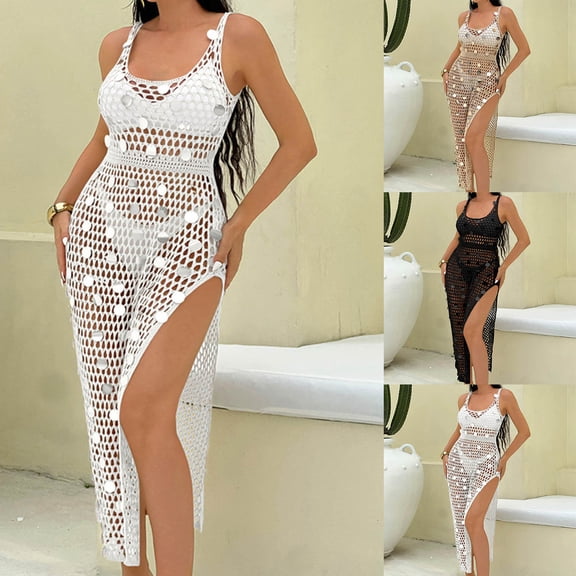 Tqyyweavej Womens Spaghetti Strap Swimsuit Cover Up Dress Sparkly Sleeveless Swim Coverups Solid Color Slim Beach Cover Up S-L