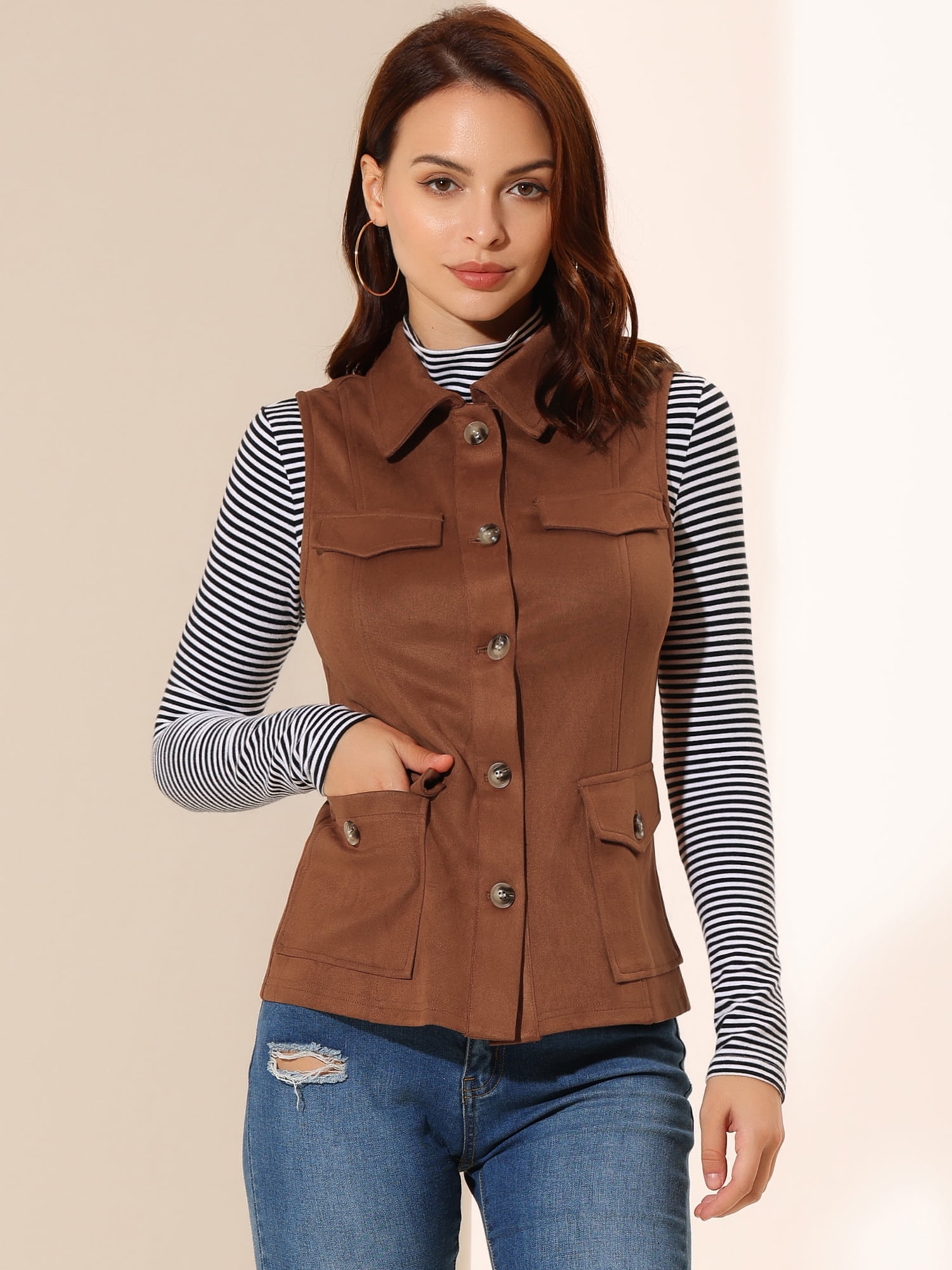 DARING DIVA Women's Rustic Button Up Utility Anorak Cargo Vest XS Brown