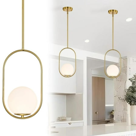 Gold Pendant Lights Fixture 5.9'' Globe Opal Glass Shade Mid Century Pendant Lighting For Kitchen Island Bedroom Entryway Closet