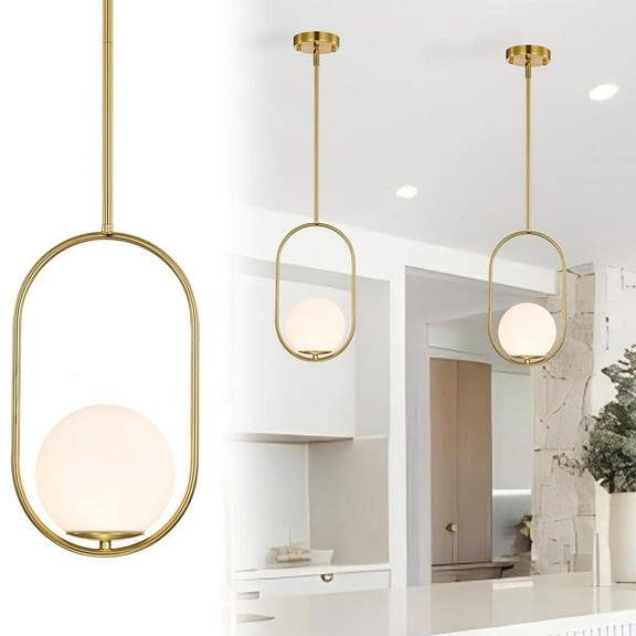Gold Pendant Lights Fixture 5.9'' Globe Opal Glass Shade Mid Century Pendant Lighting For Kitchen Island Bedroom Entryway Closet