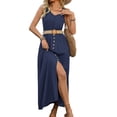 thumbnail image 3 of Robes d'Été pour Femmes Sans Manches à Boutons Taille Décontractée Ligne A Évasée Robe Midi Robe d'Été Bleu Marine G, 3 of 7