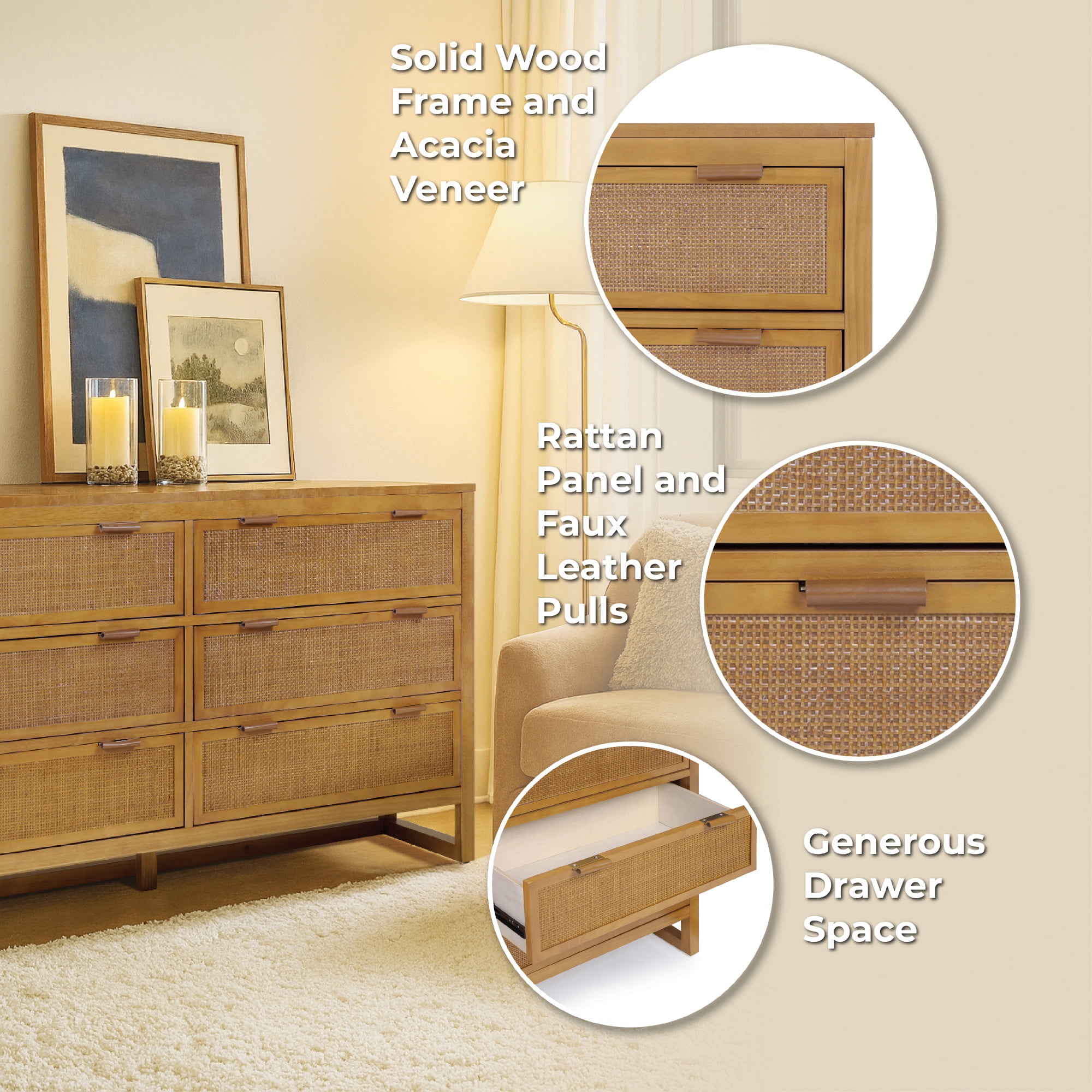 Teamson Home Hatteras Dresser with 6 Rattan Inset Drawers, Faux Leather Pulls & Deep Storage - Natural