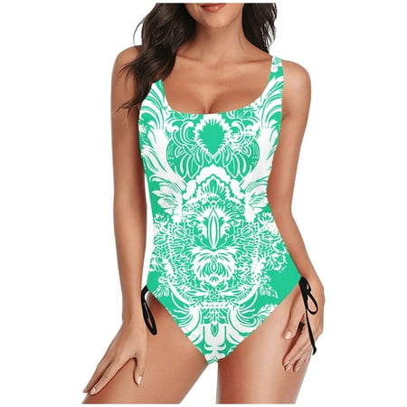 TrendVibe365 Full Coverage Swimsuits for Women Green One Piece Bathing Suits Thong Adjustable Shoulder Strap Floral Swimwear Beachwear 2XL