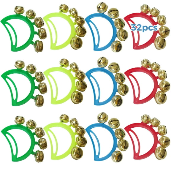 32 Pcs Hand Bells, Orff Musical Instruments, Jingle Bells, 4 Colors, Tambourine Noise Makers for Little Ones and Adults, Ideal for Parties, Celebrations, and Music Classes