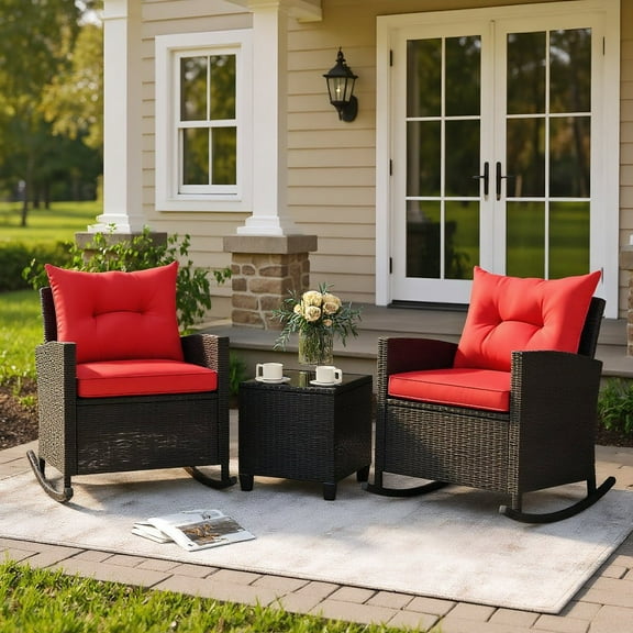 Resenkos Patio Furniture Sets,Outdoor & Patio Furniture Sets,3-Piece Patio Rattan Roker Chairs with Tempered Glass Table and Soft Cushions-Red
