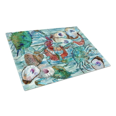 

Caroline s Treasures Watery Shrimp Crabs and Oysters Glass Cutting Board Large
