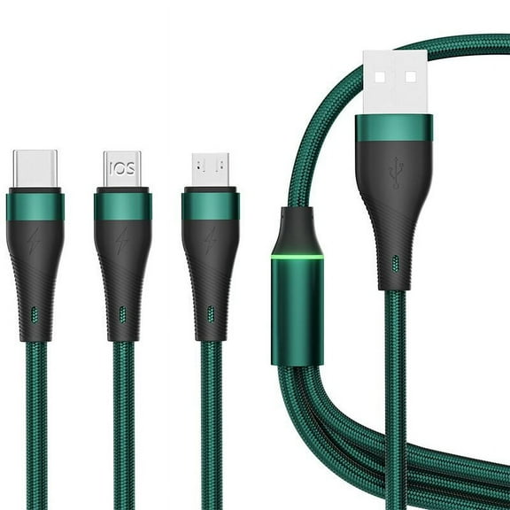 Multi Charger Cable, Nylon Braided Universal 3 in 1 Multiple Ports Devices USB Charging Cord with USB Type C/Micro USB Connectors for Phones Tablets 3.6 ft Green