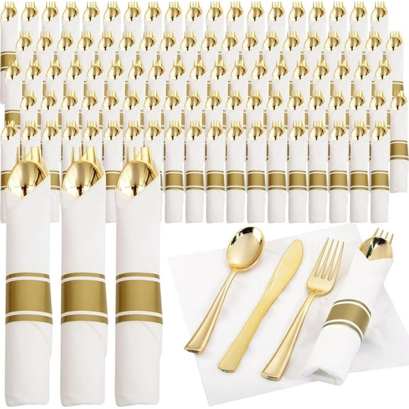 120 Pack Gold Plastic Cutlery Collection with Napkin, Wrapped Disposable Silverware Utensils, Pre Rolled Napkins, Stylish Choice