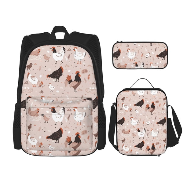 Easygdp Funny Chicken Mochila para Niños y Niñas con Set de Caja de Almuerzo y Estuche para Lápices 3 en 1, Mochila Escolar Estampada para Adolescentes