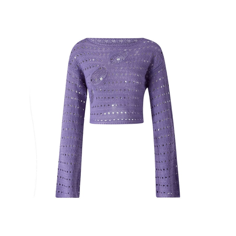 Nituyy Women Hollow Out Crochet Knit Crop Top Long Sleeve Mesh Fishnet Loose Shirt Pullover Sweater Casual Tops Club Streetwear Walmart