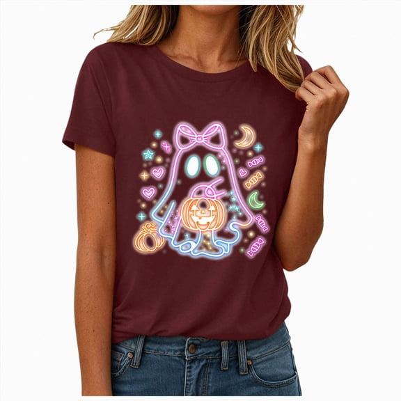 NOLDARES Halloween Shirts for Women Cute Ghost Shirt Graphic Tee Spooky Season Fall T Shirt Short Sleeve Tops(Wine,S)