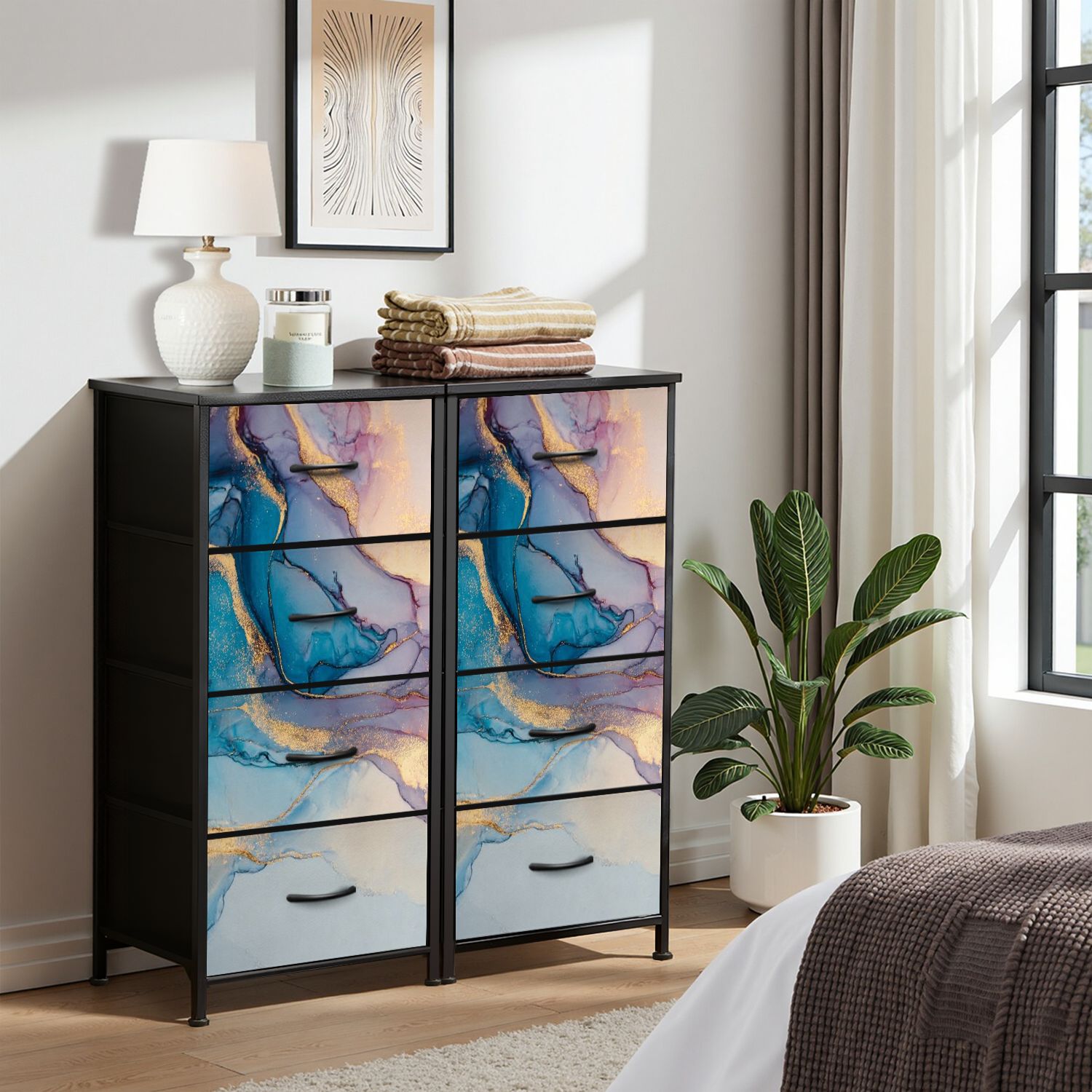 Boho Dresser for Bedroom with 4 Storage Drawers Luxury abstract fluid art painting alcohol ink technique mixture blue Dressers Chest of Drawers Steel Framed Fabric Closet Organizers for Entryway